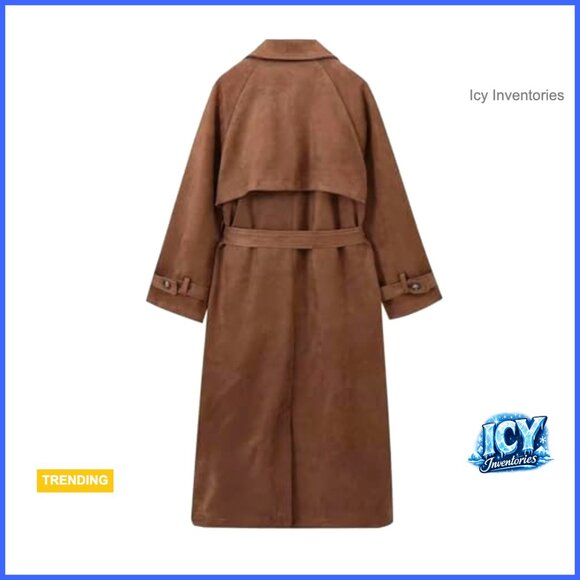 Faux Suede Trench Coat Double Breasted Pea Coat with Belt - Picture 4 of 6